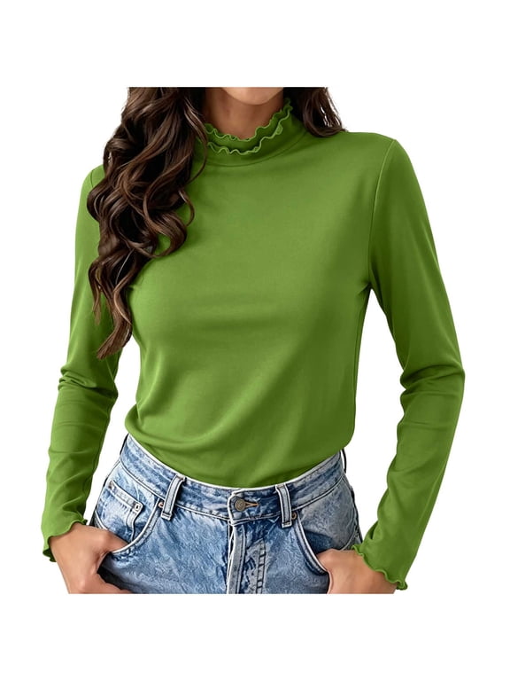 Womens Slim Tops Ruffle Mock Neck Lettuce Cuff Long Sleeve Casual Layering Pullover Shirts