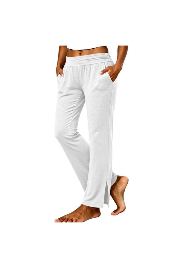 Womens Soft Lounge Casual Pants Split Hem Elastic Waist Pocket Straight Leg Trousers Daily Wear