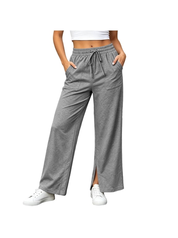 Womens Split Hem Wide Leg Sweatpants Drawstring High Waist Patch Pocket Casual Athleisure Daily Trousers