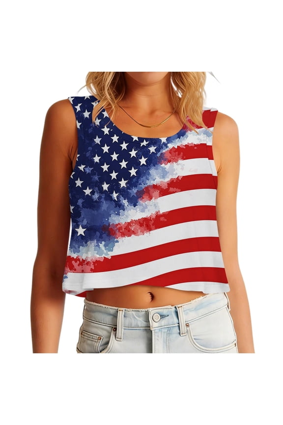 Womens Stars Printed Tank Tops Crew Neck Wide Strap Cropped Loose Fit Summer Sleeveless Shirts