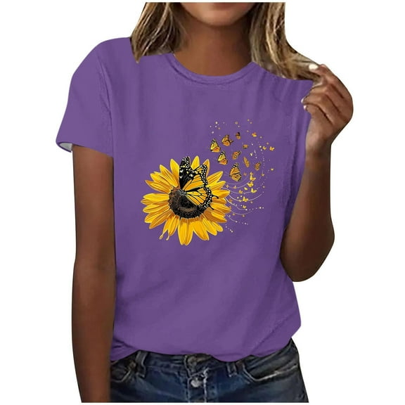 Ruimatai Womens Summer Casual Tops Female Fashion Sunflower Print Graphic Shirt Women's Crewneck Short Sleeve Loose T-Shirt