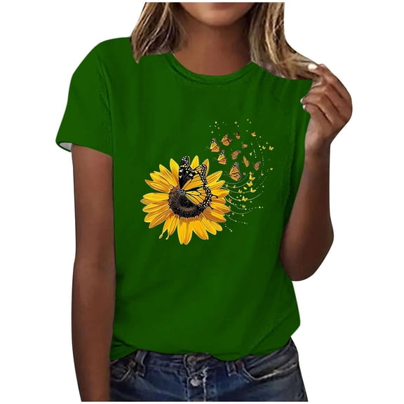 Ruimatai Womens Summer Casual Tops Female Fashion Sunflower Print Graphic Shirt Women's Crewneck Short Sleeve Loose T-Shirt