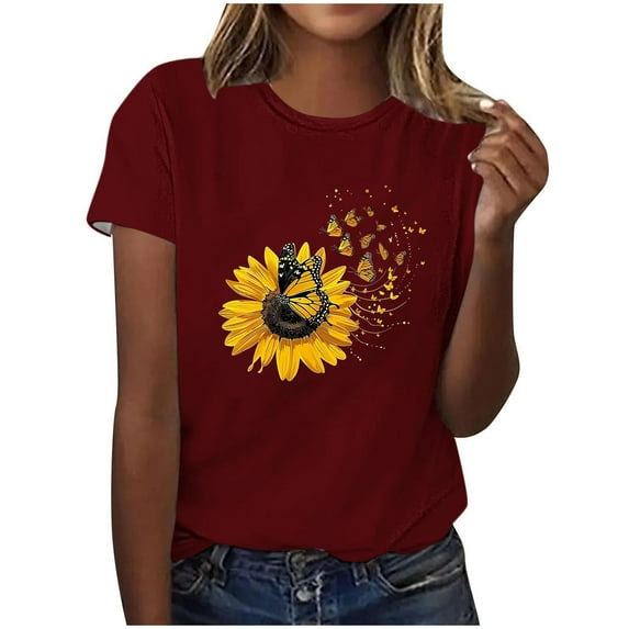 Ruimatai Womens Summer Casual Tops Female Fashion Sunflower Print Graphic Shirt Women's Crewneck Short Sleeve Loose T-Shirt