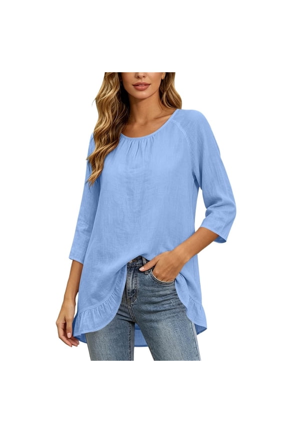 Womens Tunic Blouses Crew Neck 3/4 Raglan Sleeve Loose Ruffle Side Casual Pullover Tops