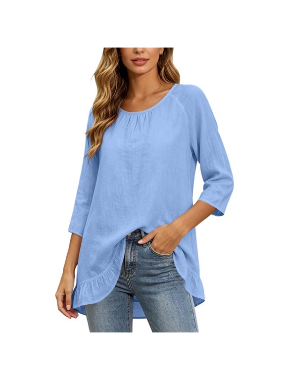 Womens Tunic Blouses Crew Neck 3/4 Raglan Sleeve Loose Ruffle Side Casual Pullover Tops