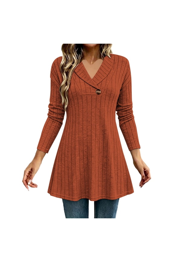 Womens Tunic Tops V Neck Ribbed Long Sleeve Button Front Flared Loose Casual Pullover Shirts