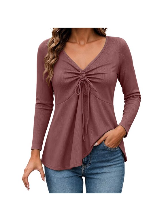 Womens V Neck Long Sleeve Drawstring Ruched Front Casual Tunic Tops for Women Flared Peplum Blouse