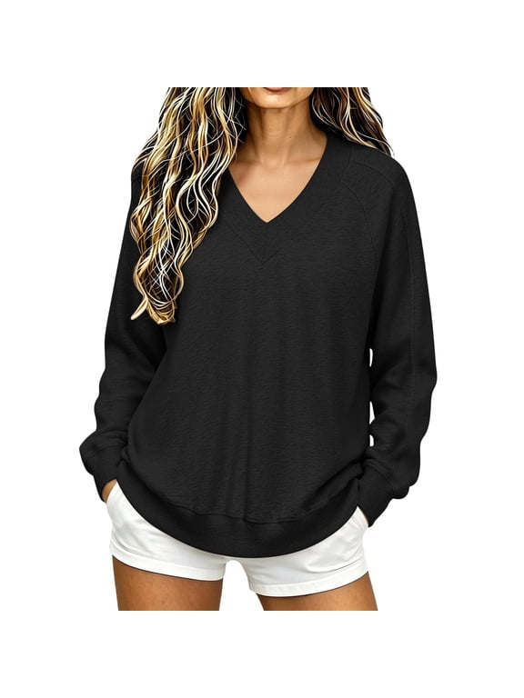 Womens V Neck Sweatshirts Raglan Long Sleeve Ribbed Cuff Loose Casual Pullover Tops