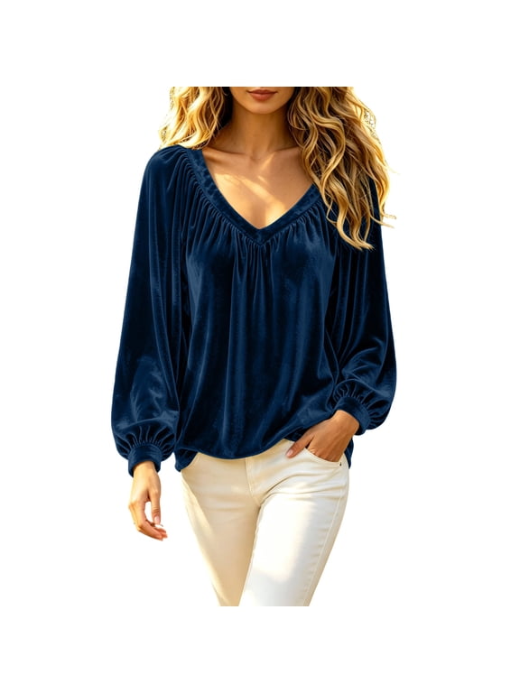 Womens Velvet Tops V Neck Gathered Bishop Long Sleeve Loose Casual Pullover Blouses