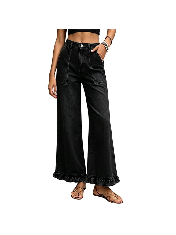 Womens Wide Leg Jeans High Waist Button Fly Ruffle Hem Patch Pocket Loose Street Casual Denim Trousers