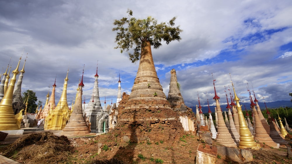 Ruined pagodas at Shwe Inn Thein Paya above Inthein on Inle Lake Myanmar Canvas Art - Chris Caldicott Design Pics (20 x 11)
