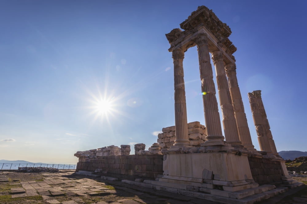 Ruins of the Temple of Trajan the Pergamenes were known as the temple-keepers of Asia Pergamon Turkey Canvas Art - Reynold Mainse Design Pics (19 x 12)