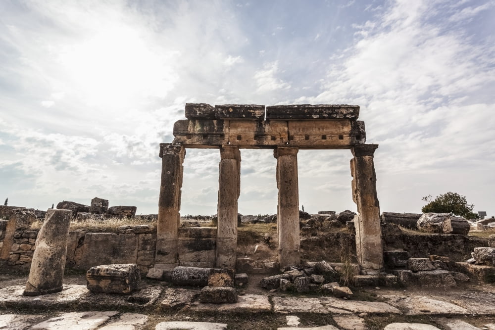 Ruins of columns and lintel along Frontinus street Pamukkale Turkey Canvas Art - Reynold Mainse Design Pics (19 x 12)