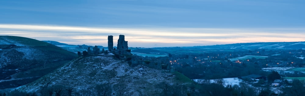 Ruins of the Corfe Castle at dawn Isle Of Purbeck Dorset England Canvas Art - Panoramic Images (36 x 12)