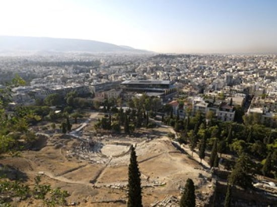 Ruins of a theater with a cityscape in the background Theatre of Dionysus Acropolis Museum Acropolis Athens Attica Greece Canvas Art - Panoramic Images (36 x 28)