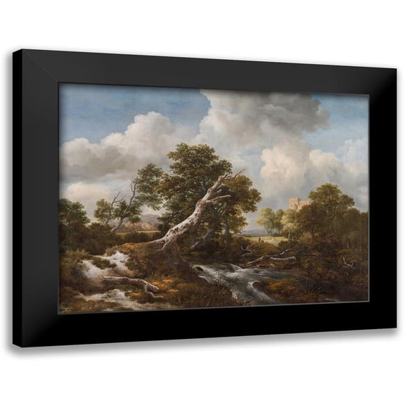 Ruisdael, Jacob van 14x12 Black Modern Framed Museum Art Print Titled - Low Waterfall in a Wooded Landscape with a Dead Beech Tree