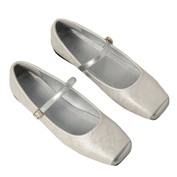 Ruitaoo Mary Jane Flats Shoes for Women Lightweight Soft Square Toe Slip On Work Flats Flexible for Daily Wear Sliver 37