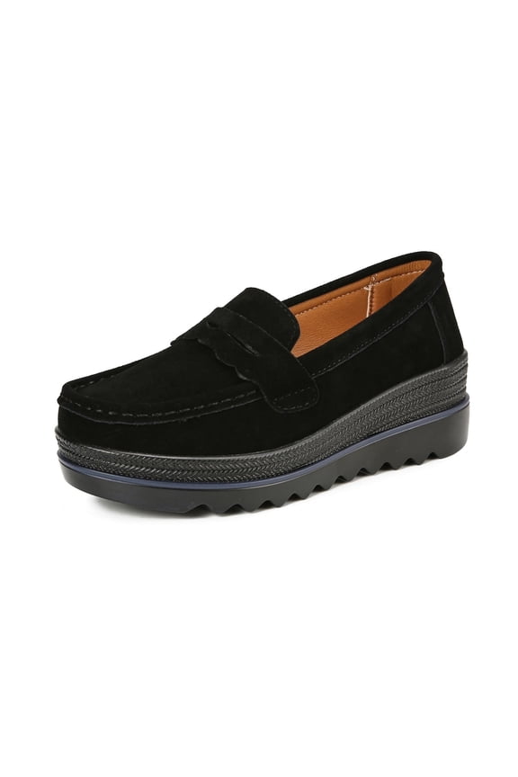 Ruitaoo Women's Slip On Platform Loafers Comfort Suede Wedge Shoes Low Top Moccasins Black 38