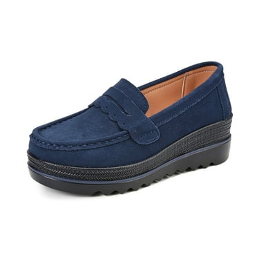 Ruitaoo Women's Slip On Platform Loafers Comfort Suede Wedge Shoes Low Top Moccasins Deep Blue 39