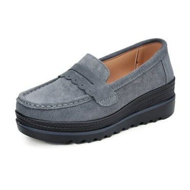 Ruitaoo Women's Slip On Platform Loafers Comfort Suede Wedge Shoes Low Top Moccasins Grey 39