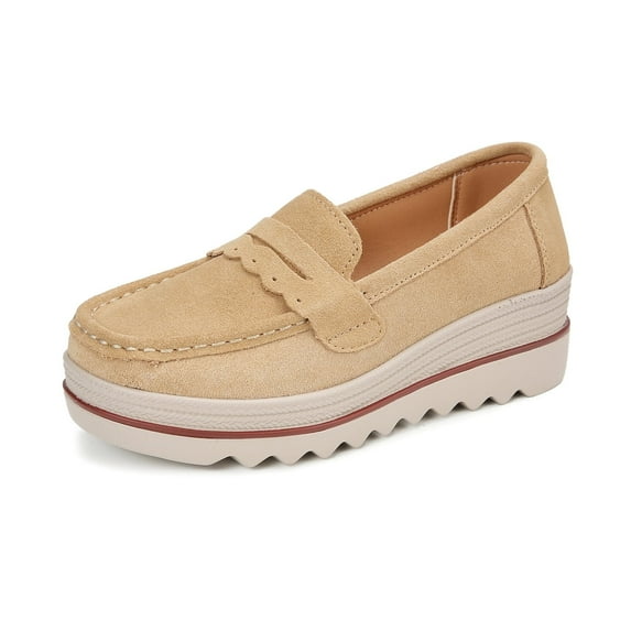 Ruitaoo Women's Slip On Platform Loafers Comfort Suede Wedge Shoes Low Top Moccasins Khaki 36