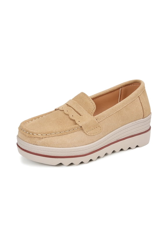 Ruitaoo Women's Slip On Platform Loafers Comfort Suede Wedge Shoes Low Top Moccasins Khaki 39