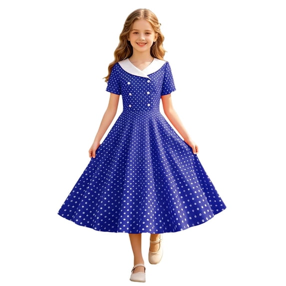 Ruiwil Big Girls Dress Size 13-14 Years Solid Color Short Sleeve V Neck Clothes Summer School Casual Breathable Girl Dress Blue