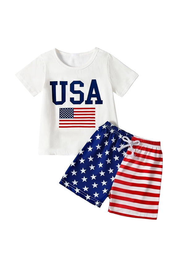 4Th Of July Boy Outfit Set Size 12-13 Years Summer Crew Neck Short Sleeve Usa Flag Letter Print Tops With Shorts Set Independence Patriotic Fashion Boys Clothes Set White