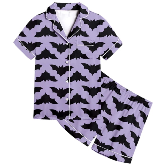Ruiwill Big Girls Pajamas Bat Print Short Sleeve Lapel Neck Halloween Shirts With Shorts Pajamas Set Summer Breathable Girls Pjs Size 8-9 Years Purple