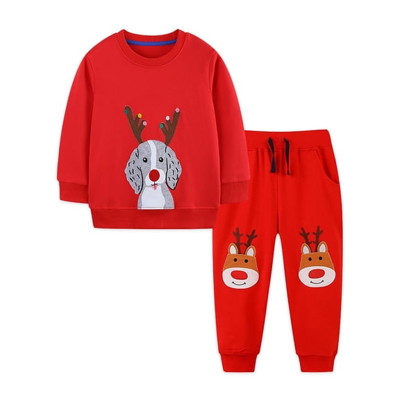 Ruiwill Boys Outfit Set Childrens Autumn Winter Cartoon Embroidered Sweatpants For Girls Long Sleeve Crew Neck Print Boy Clothes Red Size 2-3 Years