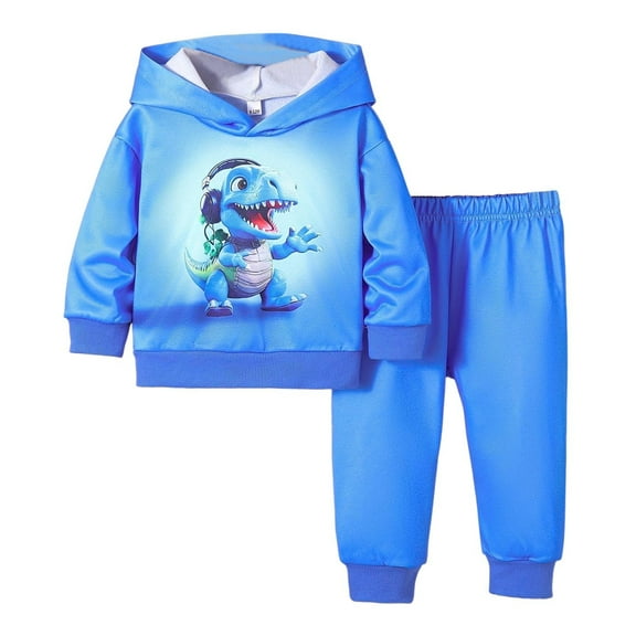 Ruiwill Boys Outfit Set Soft Dinosaur Print Hooded Romper For Baby Toddler Winter Warm Two Piece Set Long Sleeve Top Pants Playwear Crew Neck Boy Clothes Blue Size 9-12 Months