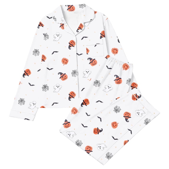 Ruiwill Cute Halloween Pajamas For Women Pumpkin Print Sleepwear Long Sleeve Lapel Tops With Pants Women 2 Pieces Pajamas Set White