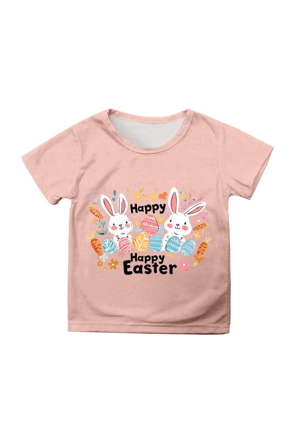 Easter Girls Tops Size 3-4 Years Summer Crew Neck Short Sleeve Bunny Letter Print Casual Easter Girls Tees Light Pink