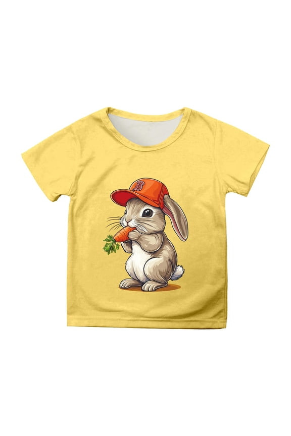 Easter Girls Tops Size 4-5 Years Short Sleeve Crew Neck Bunny Rabbit Print Easter Party Soft Breathable Girls Tees Yellow