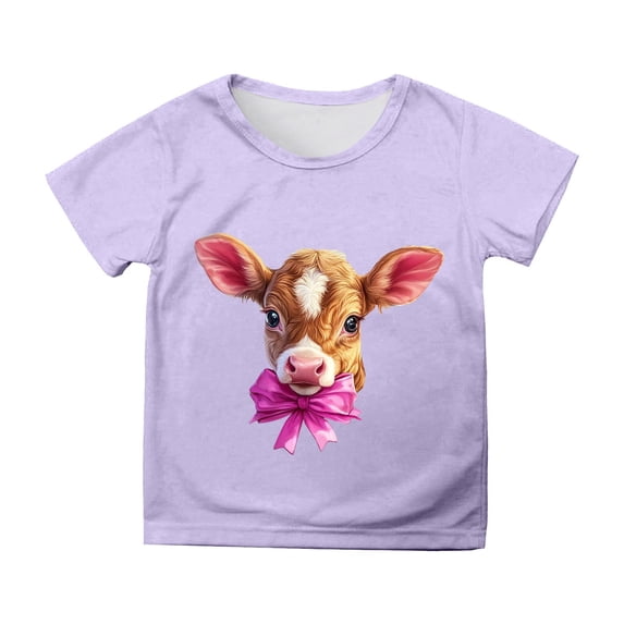 Ruiwill Easter Shirts For Girls Size 10-11 Years Crew Neck Short Sleeve Cartoon Cow Print Summer Casual Girls Tees Purple