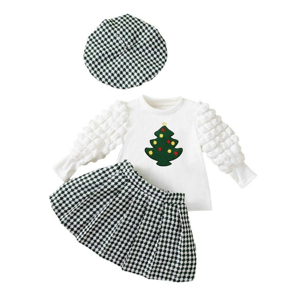 Ruiwill Girl Outfit Set Christmas Winter Outfits Set Fashion Sleeve Top Pleated Skirt Hat Coordinated Toddler Kid Clothes Holiday Party Dress Crew Neck Print Girl Clothes Green Size 3-4 Years