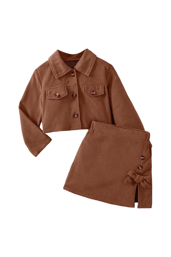 Girl Outfit Set Long Sleeve Notched Lapel Coat Outfit With Letter Print Short Skirt Bow Tie Two Piece For Autumn Winter Season Girl Clothes Brown Size 3-4 Years