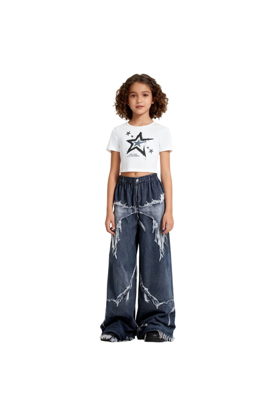 Girl Outfit Set Star Print Two Piece Outfit Fashionable Fitted Tee With Distressed Denim Long Pants Casual Streetwear For Teen Long Sleeve Crew Neck Girl Clothes Size 9-10 Years