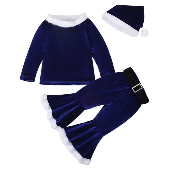 Ruiwill Girl Outfit Set Toddler Kids Baby Long Sleeve Tops Flare Pants Outfit With Hat 3Pcs Christmas Santa Set Crew Neck Print Girl Clothes Dark Blue Size 3-4 Years