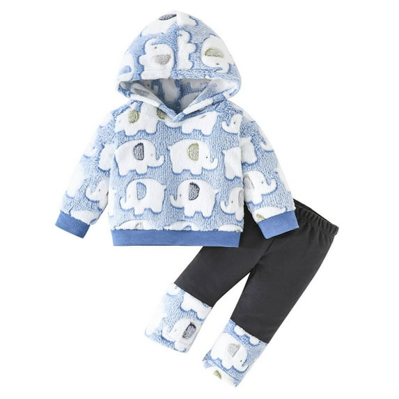 Ruiwill Girl Outfit Set Winter Baby Clothes Warm Print Hooded Sweatshirt Pants Toddler Outfit For Daily Play Party Travel Long Sleeve Crew Neck Girl Clothes Blue Size 9-12 Months