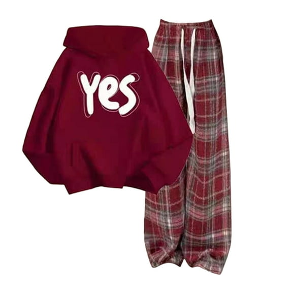 Ruiwill Girl Outfit Set Winter Outfits Fleece Tracksuit Set Red Hoodie With Plaid Wide Leg Pants Thickened Warm Outfit For Teen Long Sleeve Crew Neck Print Girl Clothes Red Size 13-14 Years