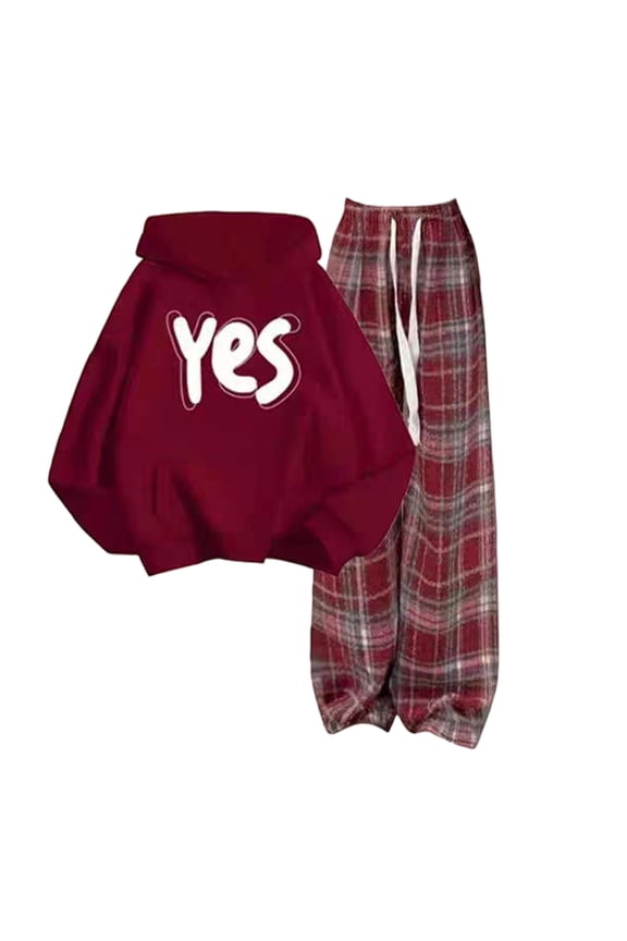 Girl Outfit Set Winter Outfits Fleece Tracksuit Set Red Hoodie With Plaid Wide Leg Pants Thickened Warm Outfit For Teen Long Sleeve Crew Neck Print Girl Clothes Red Size 14-15 Years