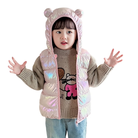 Ruiwill Girls Coat Reversible Vest With Hood Color Changing Winter Warm Sleeveless Jacket For Outdoor Activities Crew Neck Print Girl Outerwear Pink Size 1-2 Years