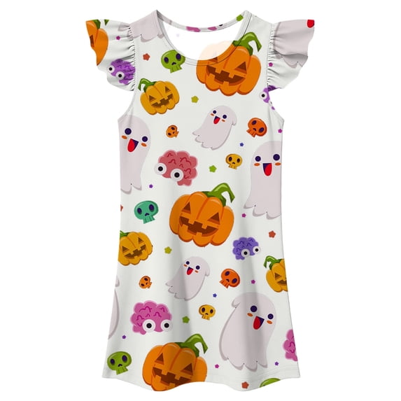 Ruiwill Girls Dress Halloween Pumpkin Ghost Print Cap Sleeve Crew Neck Nightgown Dress Winter Girls Outfit Size 8-9 Years White
