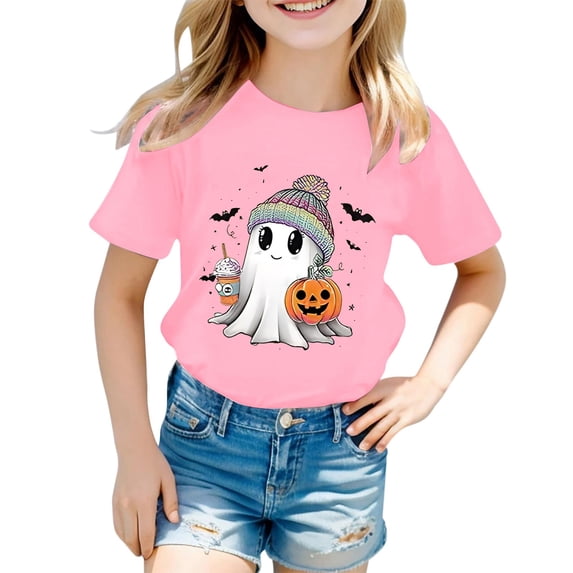 Ruiwill Girls Halloween Shirt Size 8-9 Years Fall Cute Girls Halloween Tops Short Sleeve Pumpkin Ghost Bat Print Kids Tees