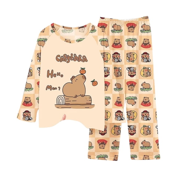 Ruiwill Girls Pajama Set Capybara Print Girl Sleepwear Soft Long Sleeve Pants Set Fall Winter Kids Cartoon Nightwear Size 2-3 Years