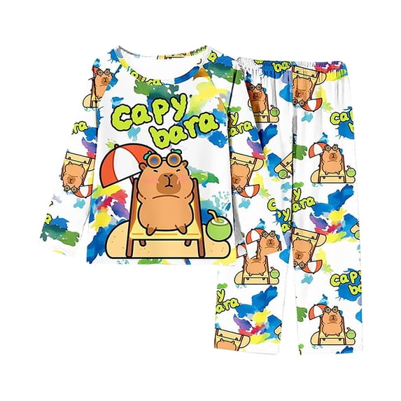 Ruiwill Girls Pajama Set Capybara Print Girl Sleepwear Soft Long Sleeve Pants Set Fall Winter Kids Cartoon Nightwear Size 5-6 Years