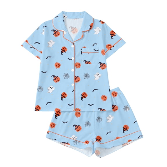 Ruiwill Halloween Big Girls Pajamas Size 13-14 Years Ghost Pumpkin Print Short Sleeve Lapel Neck Shirts With Shorts Pajamas Set Summer Fashion Girls Pjs Blue