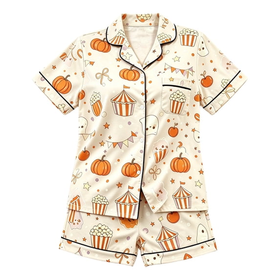 Ruiwill Halloween Girls Pajamas Size 15-16 Years Fall Cute Halloween Pjs for Girls Graphic Print Short Sleeve Lapel Shirts and Shorts Pjs Set