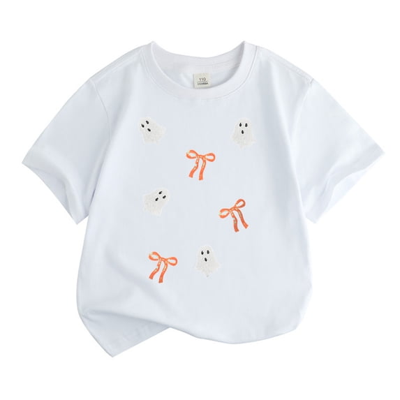 Ruiwill Halloween Kids T Shirt Pumpkin Ghost Print Short Sleeve Crew Neck Girls Tops